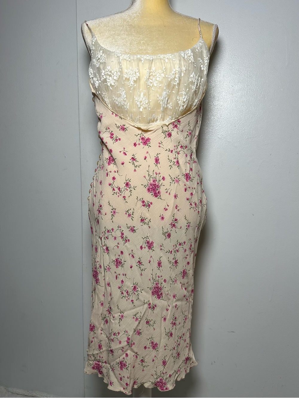VTG 90s Hugo Buscati Floral Slip Dress Sz 8 Pastel Yellow Lace Rayon Cottagecore
